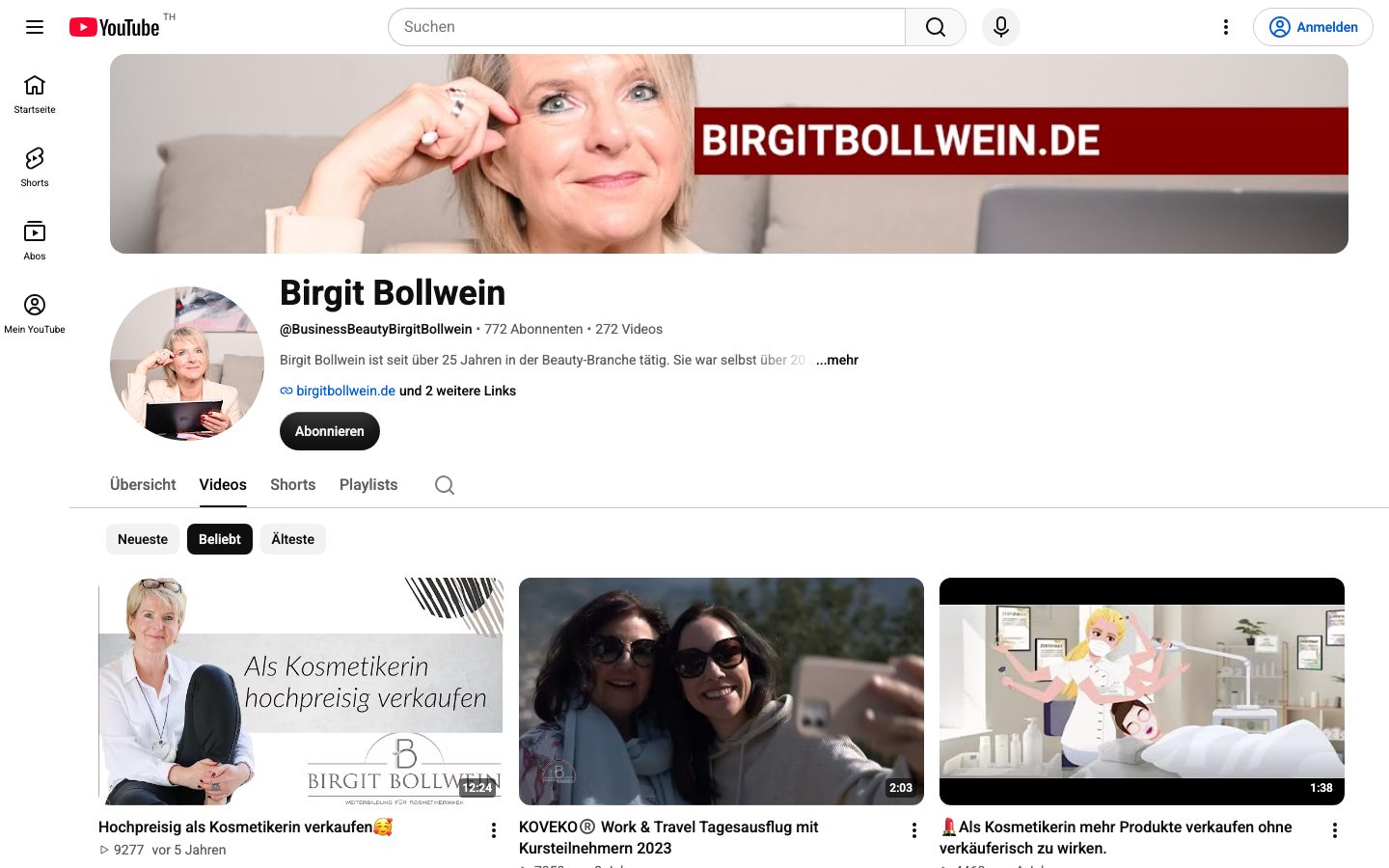 YouTube-Kanal von Birgit Bollwein mit über 270 Videos